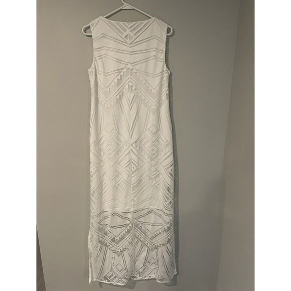 Chico's White Burnout Maxi Dress Sheer Side Slit Geometric Renee Size 8 Small - Picture 13 of 15